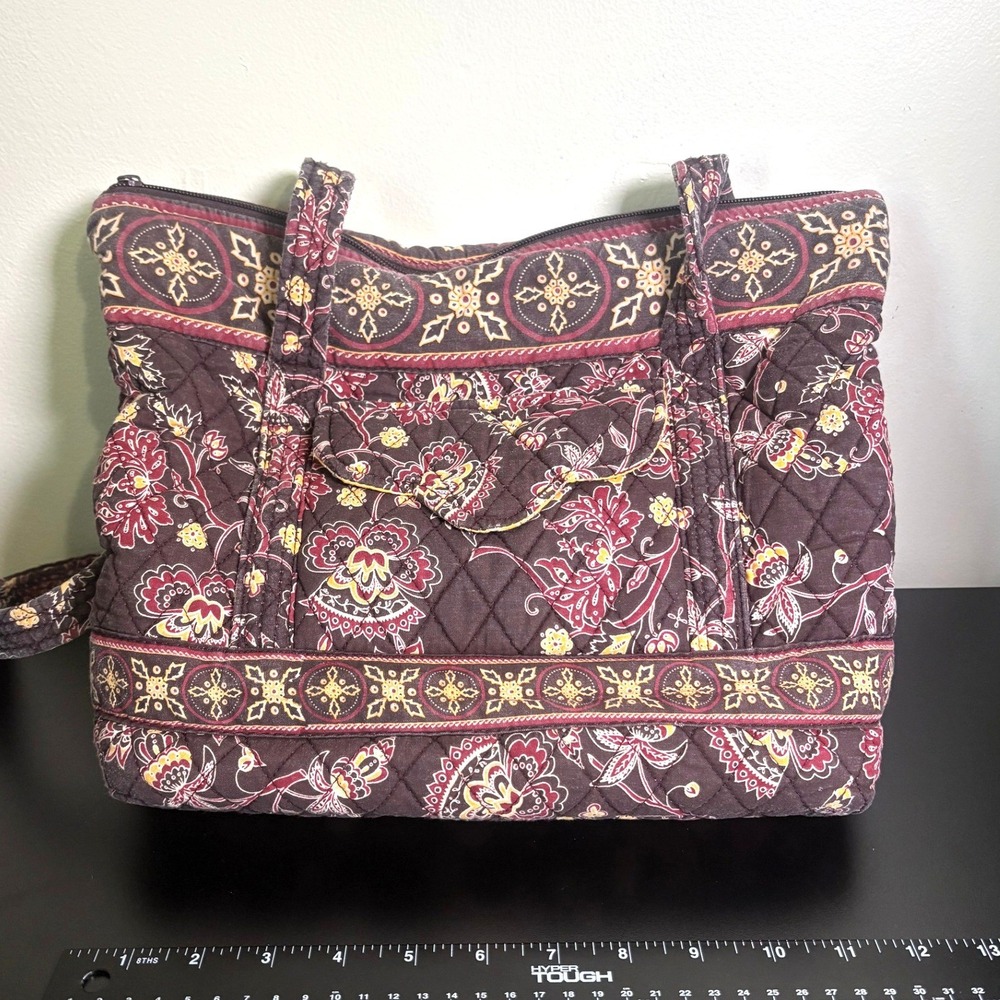 Tanya Lee Quilted Cotton Floral Tote Bag Brown Burgundy Yellow Zippered